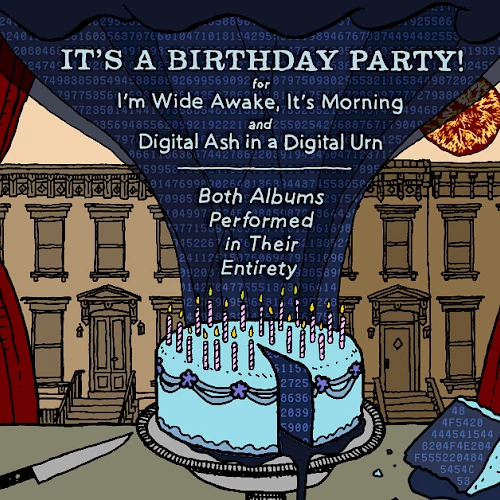A birthday party poster on the left with a cake and stage curtains; a &ldquo;Bright Eyes&rdquo; concert flyer on the right listing Red Rocks Amphitheatre, May 6th, 2026, in Morrison, CO.