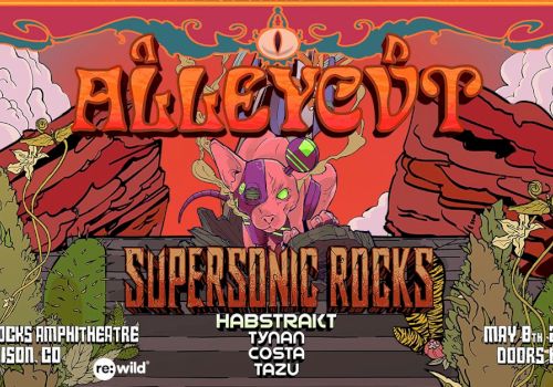 Poster for a show called &ldquo;Allieyert&rdquo; (likely a stylized event) featuring &ldquo;SUPERSO&Ntilde;IC ROCKS&rdquo; with a demonic pink creature, red/orange desert landscape, and bold typography. It includes dates and location details at the bottom.