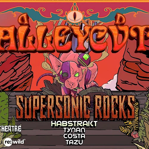 Poster for a show called &ldquo;Allieyert&rdquo; (likely a stylized event) featuring &ldquo;SUPERSO&Ntilde;IC ROCKS&rdquo; with a demonic pink creature, red/orange desert landscape, and bold typography. It includes dates and location details at the bottom.