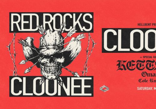 A bold red poster for Red Rocks featuring &ldquo;CLOONEE&rdquo; with a skeletal skull logo, plus guest Keitama, Omar, and Cold Knight on Saturday, May 9th.