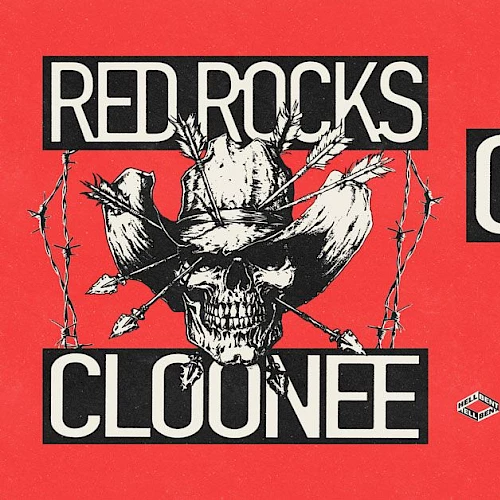 A bold red poster for Red Rocks featuring &ldquo;CLOONEE&rdquo; with a skeletal skull logo, plus guest Keitama, Omar, and Cold Knight on Saturday, May 9th.