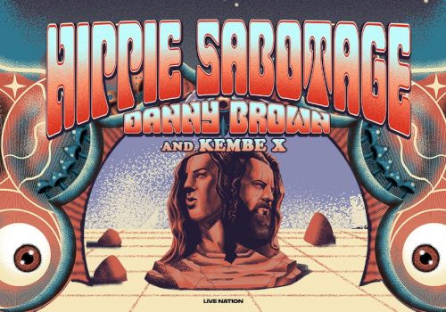 Hippie Sarongage artwork: bold retro poster with two busts in a desert scene, psychedelic typography, and speakers orbiting the edges.