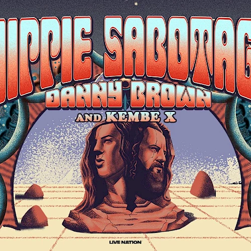 Hippie Sarongage artwork: bold retro poster with two busts in a desert scene, psychedelic typography, and speakers orbiting the edges.