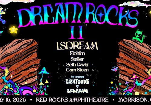 A colorful dreamlike concert poster for &ldquo;DREAMROCKS II&rdquo; featuring LSDREAM with a psychedelic landscape, glowing text, and May 16, 2026 at Red Rocks Amphitheatre.