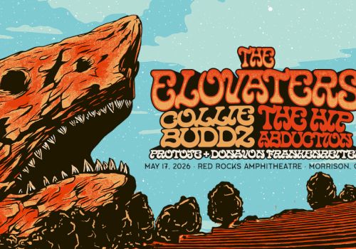 A poster for a show featuring The Gloaters plus The Bodds? It&rsquo;s a retro-styled rock concert flyer with a giant dinosaur head, desert backdrop, and bold orange title art. The text reads: &ldquo;The Gloaters, The Bodds, The Abduction,&rdquo; plus venue details.