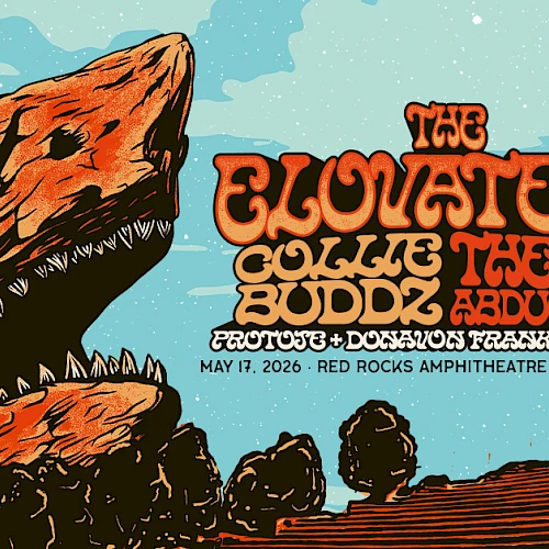 A poster for a show featuring The Gloaters plus The Bodds? It&rsquo;s a retro-styled rock concert flyer with a giant dinosaur head, desert backdrop, and bold orange title art. The text reads: &ldquo;The Gloaters, The Bodds, The Abduction,&rdquo; plus venue details.