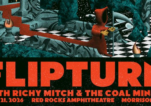 Promo poster for Flipturn: Richy Mitch & The Coal Miners show, May 21, 2016, Morrison, CO, Red Rocks Amphitheatre, vibrant surreal art.