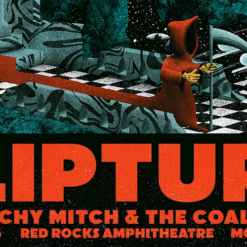 Promo poster for Flipturn: Richy Mitch & The Coal Miners show, May 21, 2016, Morrison, CO, Red Rocks Amphitheatre, vibrant surreal art.