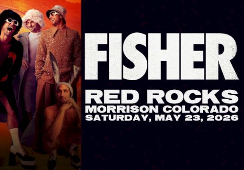 A colorful group performs lively on the left, while bold white text on a dark background reads FISHER, RED ROCKS, MORRISON COLORADO, SATURDAY, MAY 23, 2020, with a concert vibe.