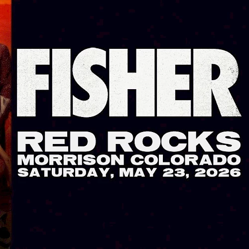 A colorful group performs lively on the left, while bold white text on a dark background reads FISHER, RED ROCKS, MORRISON COLORADO, SATURDAY, MAY 23, 2020, with a concert vibe.