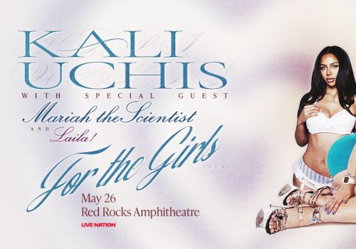 Two women in swimsuits posing beside event text for Kali Uchis with special guest Mariah the Scientist, promoting a May 26 show.