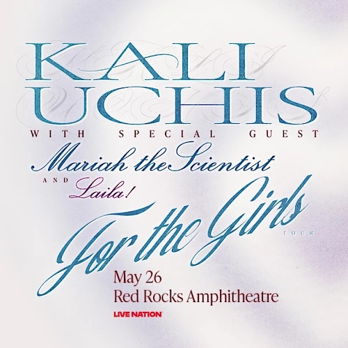Two women in swimsuits posing beside event text for Kali Uchis with special guest Mariah the Scientist, promoting a May 26 show.