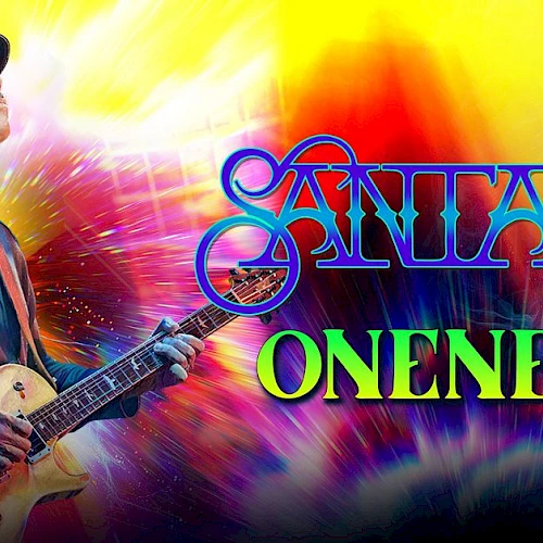 A colorful concert poster featuring Santana guitarist with a hat, playing a cream electric guitar; it says &ldquo;Santana&rdquo; and &ldquo;OneNess&rdquo; with vibrant psychedelic colors.