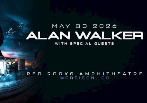 A concert poster for Alan Walker on May 30, 2020 at Red Rocks Amphitheatre, featuring a masked figure and blue neon stage visuals.