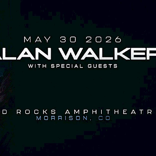 A concert poster for Alan Walker on May 30, 2020 at Red Rocks Amphitheatre, featuring a masked figure and blue neon stage visuals.