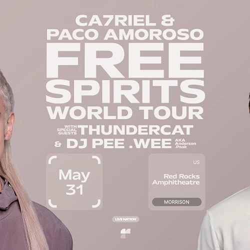 Two men face the camera in a promotional poster for the Free Spirits World Tour, with bold white text and tour details in the center.