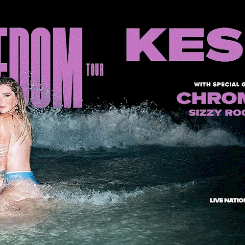 A promotional concert poster for Kali Uchis? No&mdash;it's a parody: a topless woman in the ocean with bold purple text &ldquo;THE FREEDOM TOUR&rdquo; featuring KE\$HA.