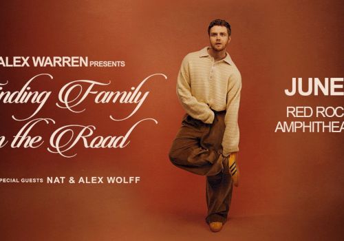 A vintage-style concert poster for Alex Warren&rsquo;s &ldquo;Finding Family on the Road&rdquo; show, featuring Nat & Alex Wolff, June 2 at Red Rocks Amphitheatre.