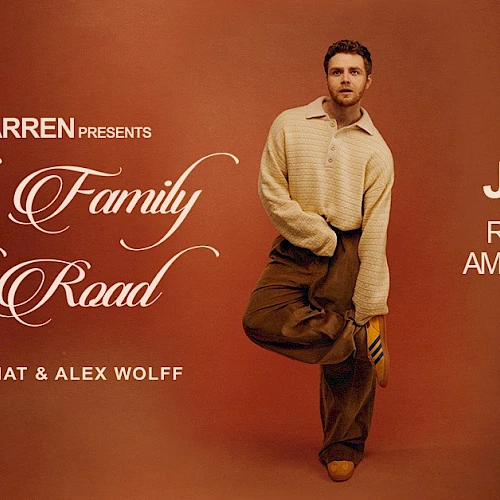 A vintage-style concert poster for Alex Warren&rsquo;s &ldquo;Finding Family on the Road&rdquo; show, featuring Nat & Alex Wolff, June 2 at Red Rocks Amphitheatre.
