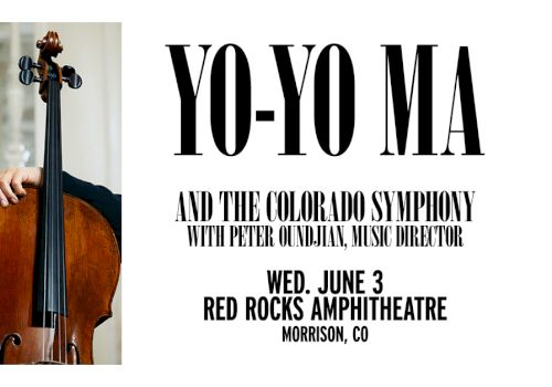 A musician holding a cello on the left and a bold &ldquo;YO-YO MA&rdquo; concert poster on the right, announcing a show in Morrison, CO.