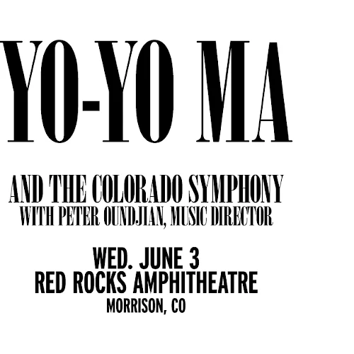 A musician holding a cello on the left and a bold &ldquo;YO-YO MA&rdquo; concert poster on the right, announcing a show in Morrison, CO.