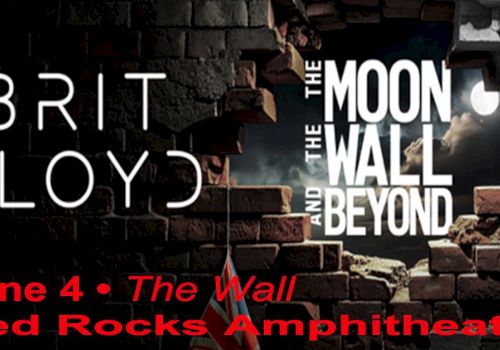 A concert poster for Brit Floyd featuring The Moon, The Wall and Beyond, with brick wall backdrop and event details in red text ending with a period.