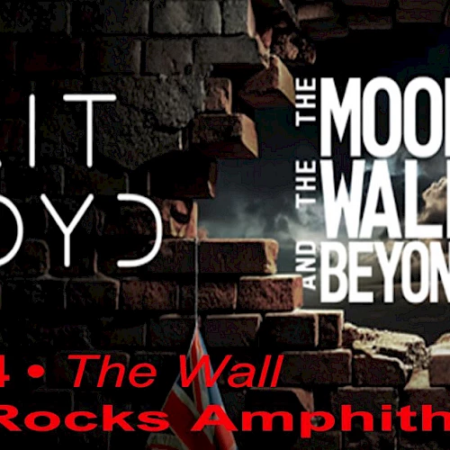 A concert poster for Brit Floyd featuring The Moon, The Wall and Beyond, with brick wall backdrop and event details in red text ending with a period.