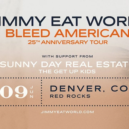 Jimmy Eat World&rsquo;s Bleed American tour banner shows a desert scene with trophies, band name at top, and venue details Denver, CO on the left.