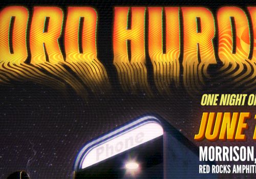 A retro-style concert poster for Lord Huron, featuring bold orange-yellow text, a neon-lit phone booth, and an event date: June 10 in Morrison, CO.