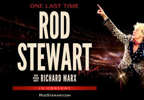 A Rod Stewart concert poster featuring Rod Stewart in a leopard-print jacket, arms raised, with bold text &ldquo;ROD STEWART&rdquo; and &ldquo;ONE LAST TIME&rdquo; on a dark stage background, ending with a red stripe.
