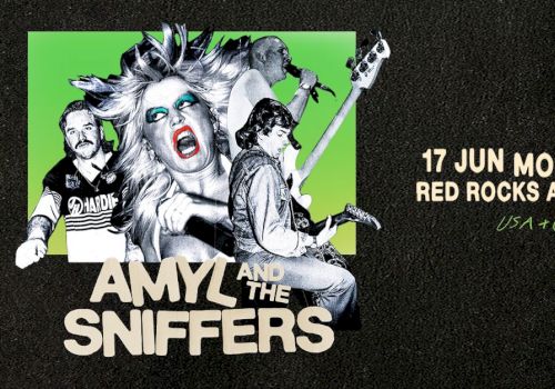 A retro concert poster for Amy and the Sniffers, featuring bold illustrated band members, a guitarist, and vibrant green accents, plus show details.