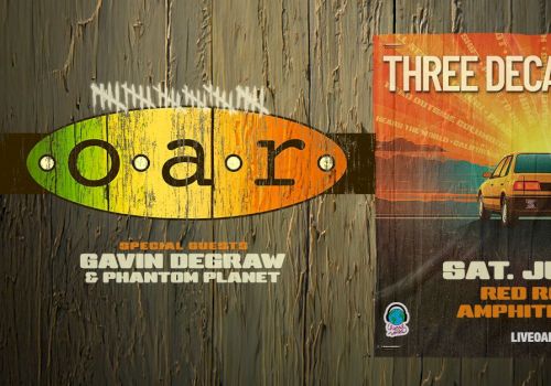 G.n. gear poster and a road trip flyer, featuring the word &ldquo;gear,&rdquo; a vintage car, and &ldquo;Three Decades Tour&rdquo; concert ad, on a wooden background.