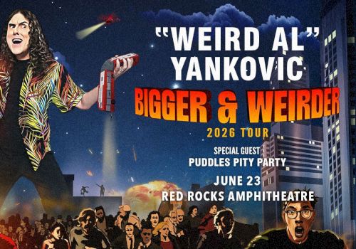 A comic-style concert poster for Weird Al Yankovic&rsquo;s Bigger & Weirder 2026 tour, with crowd scenes and bold text.
