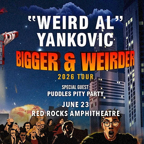 A comic-style concert poster for Weird Al Yankovic&rsquo;s Bigger & Weirder 2026 tour, with crowd scenes and bold text.