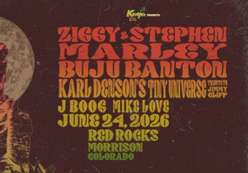 A retro concert poster featuring Ziggy & Stephen Marley and friends, bold orange text, a rocky landscape, and a full moon night scene.