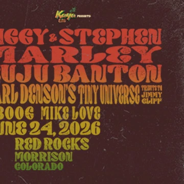 A retro concert poster featuring Ziggy & Stephen Marley and friends, bold orange text, a rocky landscape, and a full moon night scene.