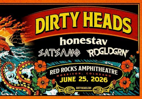 A colorful concert poster for Dirty Heads, featuring octopus tentacles, a crashing ship, tropical flowers, and a Red Rocks Amphitheatre show on June 25, 2026.