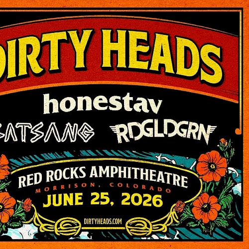 A colorful concert poster for Dirty Heads, featuring octopus tentacles, a crashing ship, tropical flowers, and a Red Rocks Amphitheatre show on June 25, 2026.
