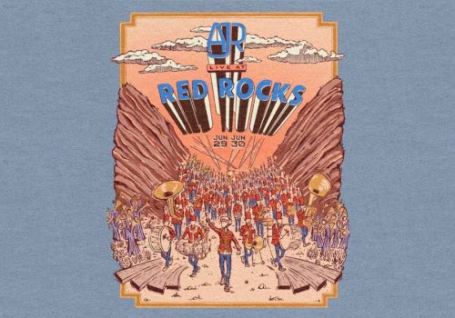 A colorful concert poster featuring a crowd marching toward a rising sun, with "Red Rocks" text and wings framing the scene.
