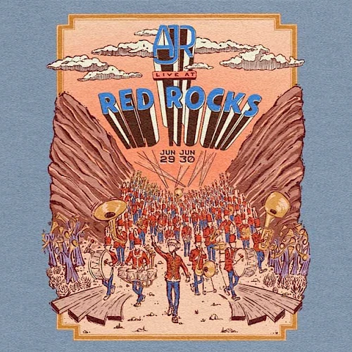 A colorful concert poster featuring a crowd marching toward a rising sun, with "Red Rocks" text and wings framing the scene.