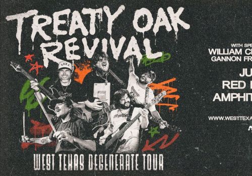 A concert flyer for Treaty Oak Revival&rsquo;s West Texas Degenerate Tour, with band members, date July 1, Red Rocks Amphitheatre, other guests, bold graphics.