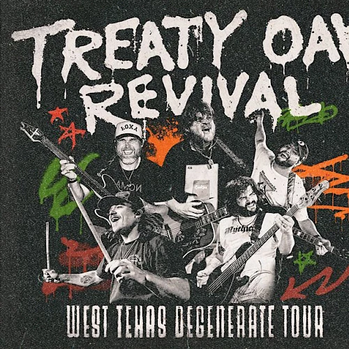 A concert flyer for Treaty Oak Revival&rsquo;s West Texas Degenerate Tour, with band members, date July 1, Red Rocks Amphitheatre, other guests, bold graphics.