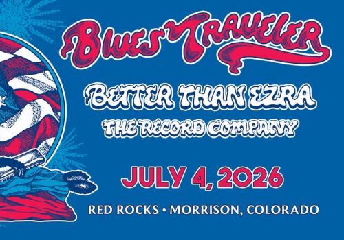 Promo poster for Blues Traveler show on July 4, 2026 in Red Rocks, Morrison, Colorado; patriotic artwork with Statue of Liberty and fireworks.