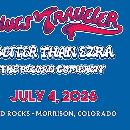 Promo poster for Blues Traveler show on July 4, 2026 in Red Rocks, Morrison, Colorado; patriotic artwork with Statue of Liberty and fireworks.