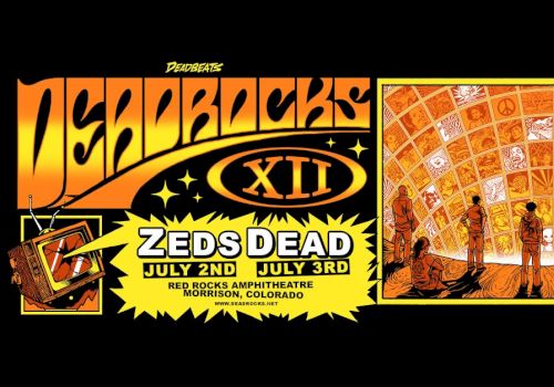 Poster for US Backs XII: Zed's Dead, July 2nd&ndash;July 3rd, Morrison, Colorado; psychedelic orange art with a movie-like poster and arc of figures.