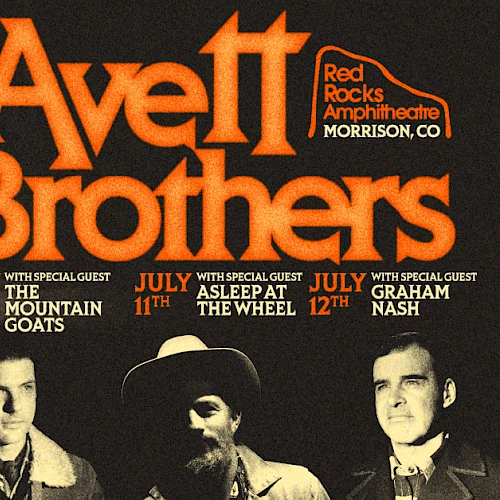Vintage concert poster for Avett Brothers tour with fiery campfire imagery, bold orange text, and dates for July shows.