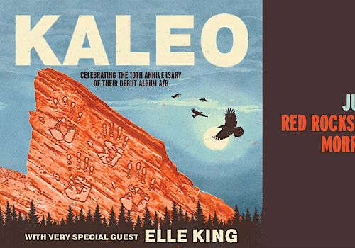 KALEO concert poster featuring a red rock formation against a blue sky on the left, with text about a July 14 show at Red Rocks Amphitheatre.