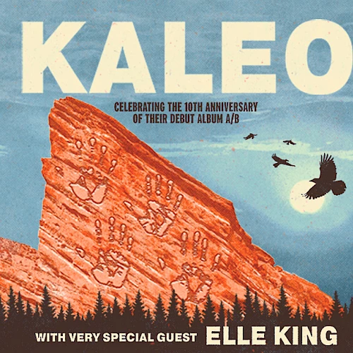 KALEO concert poster featuring a red rock formation against a blue sky on the left, with text about a July 14 show at Red Rocks Amphitheatre.