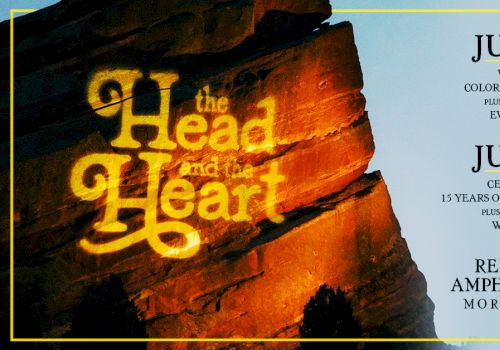 Poster for "The Head and the Heart" concert, with July 15-16 events listed against a rock-textured background, bordered in yellow.