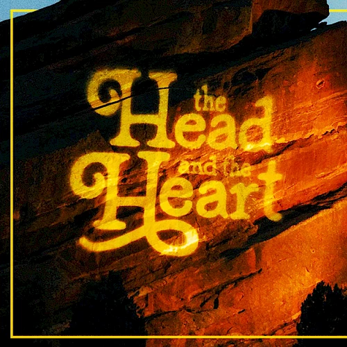 Poster for "The Head and the Heart" concert, with July 15-16 events listed against a rock-textured background, bordered in yellow.